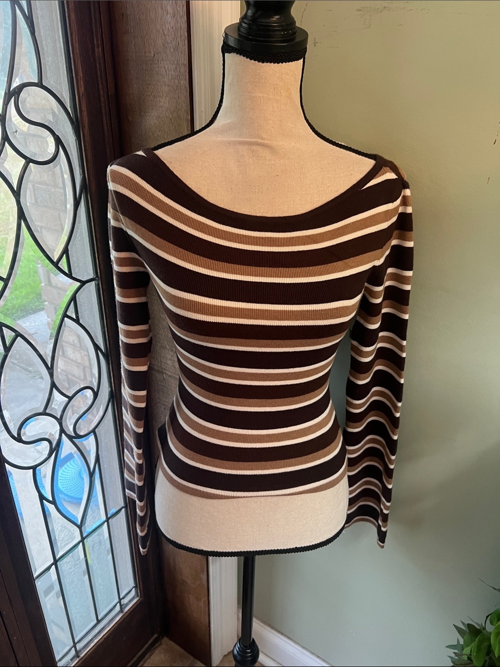 Hippie Rose Brown & Cream Striped Off-the-Shoulder Sweater
